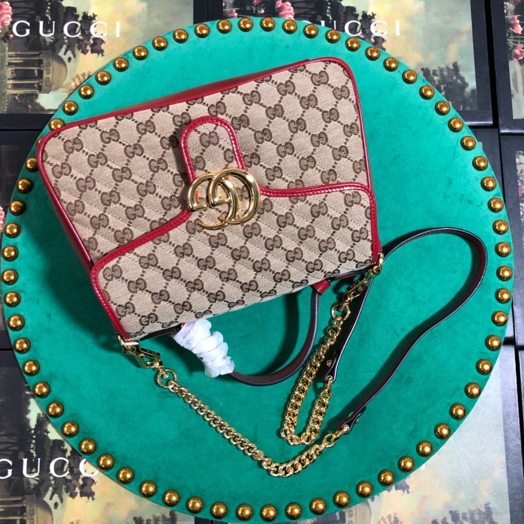 Gucci Classic Quilted Monogram Canvas Handbag with Red Leather Trim
