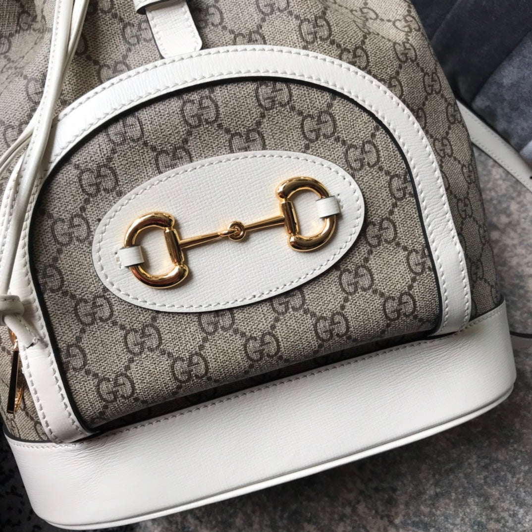 Gucci Vintage Monogram Backpack with White Leather Trim and Horsebit
