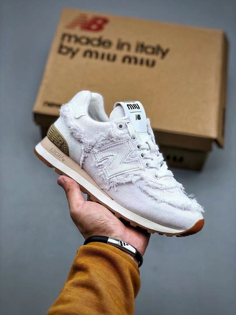 New Balance 574 Rawiya Distressed Frayed Canvas Off-White Cream Sneakers ML574DRY