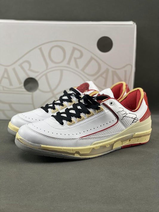 Off-White x Air Jordan 2 Retro Low SP White Varsity Red DJ4375-106 Michael Jordan Signature Aged Sole Sneakers