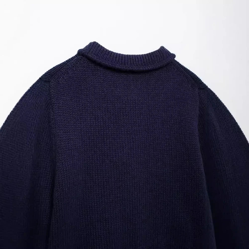 Cardigan Women Knitted Sweater Loose Turn-Down Collar Coat Long Sleeve Warm Pockets
