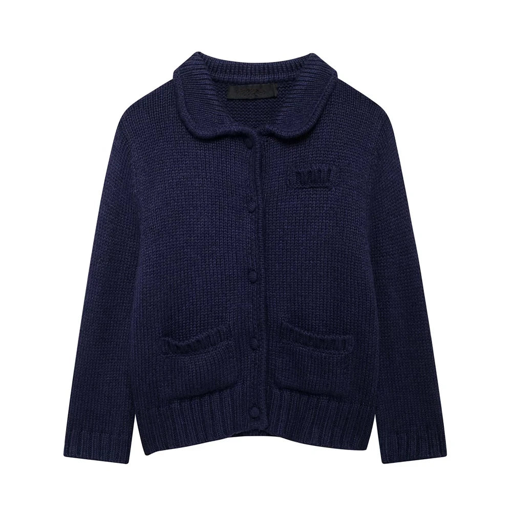 Cardigan Women Knitted Sweater Loose Turn-Down Collar Coat Long Sleeve Warm Pockets
