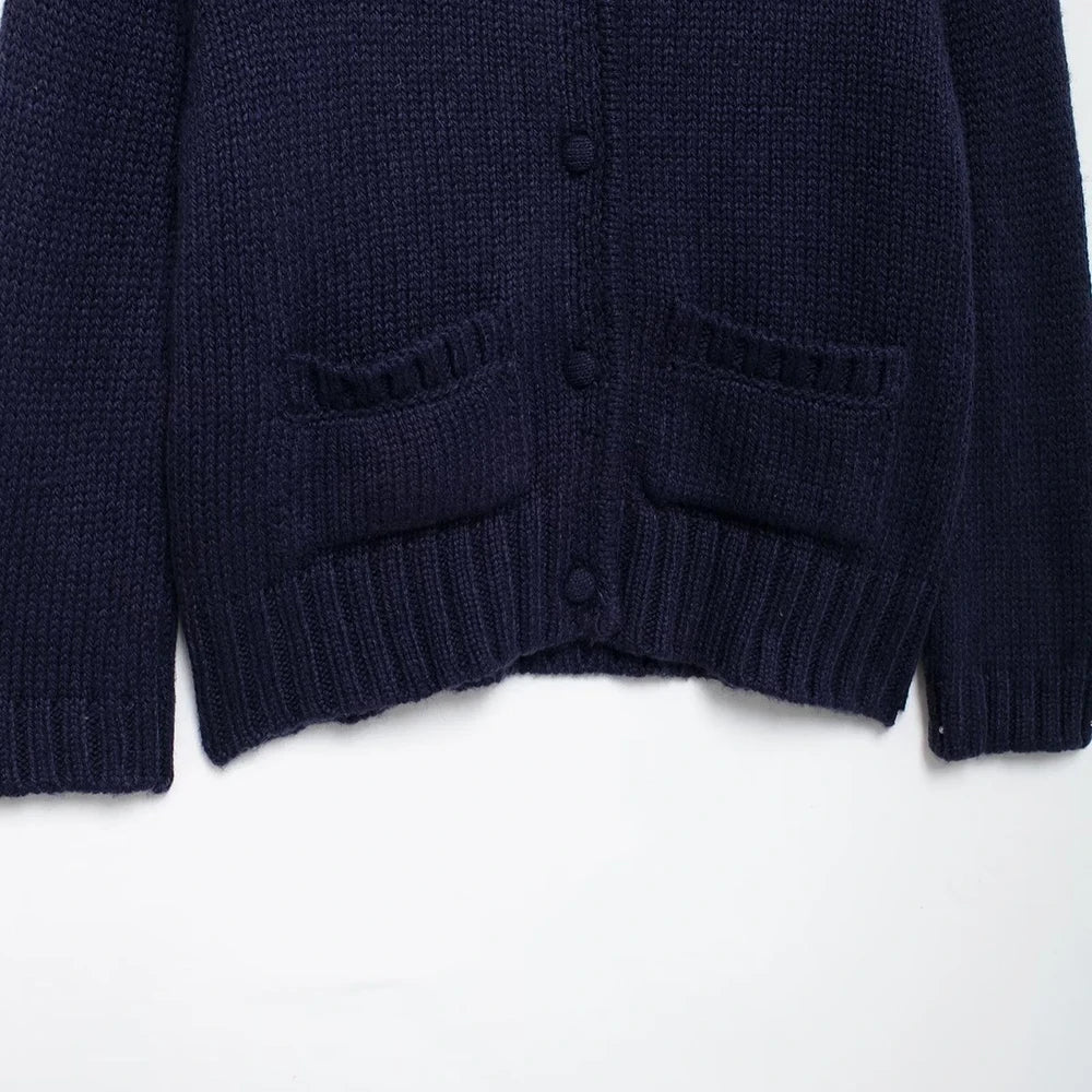 Cardigan Women Knitted Sweater Loose Turn-Down Collar Coat Long Sleeve Warm Pockets