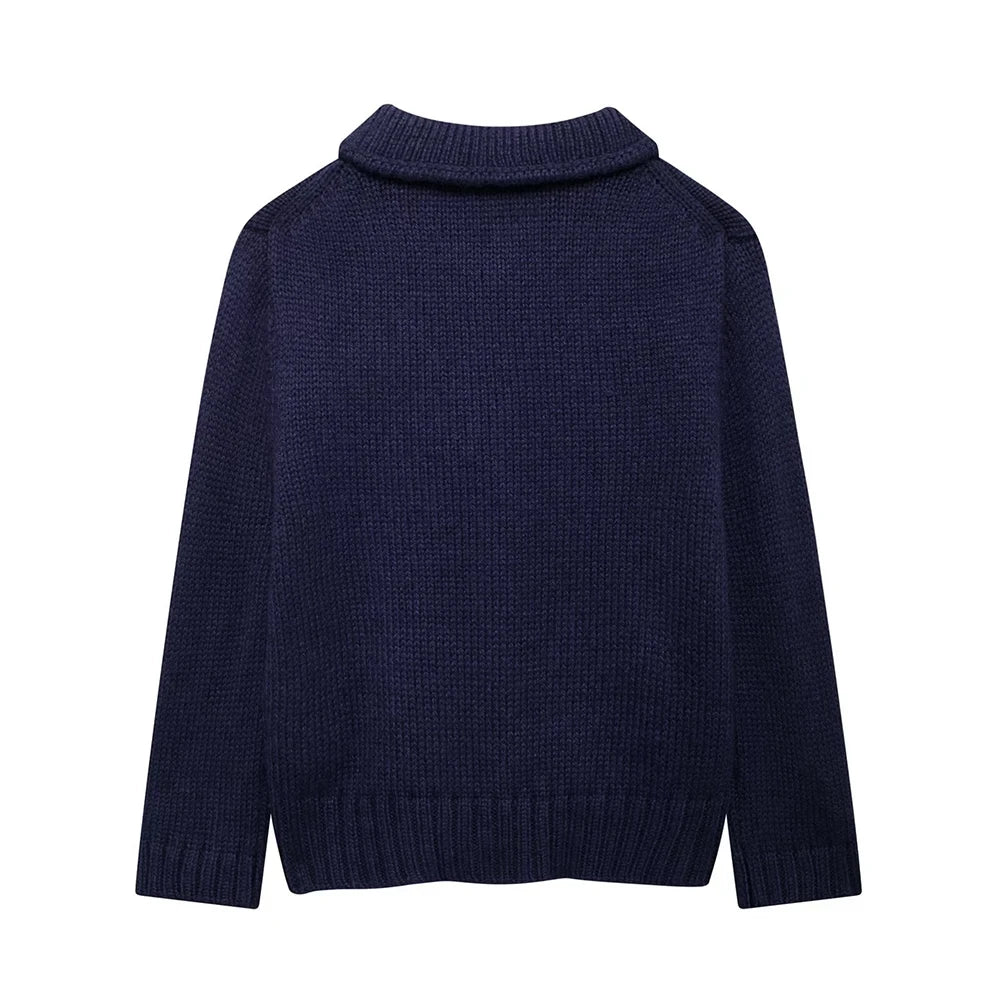Cardigan Women Knitted Sweater Loose Turn-Down Collar Coat Long Sleeve Warm Pockets