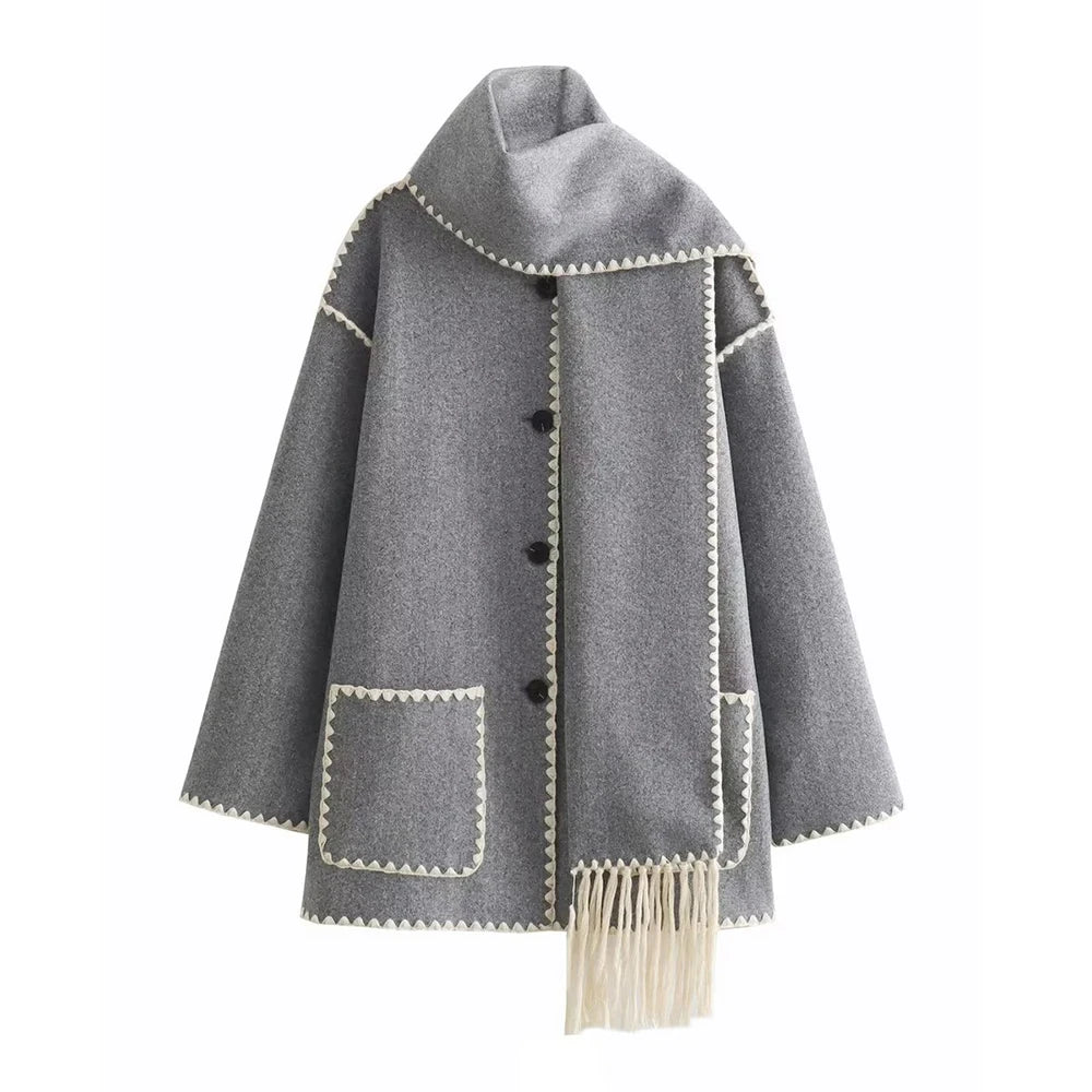Jacket Women Coat Autumn Winter Tassel Scarf Collar Jackets Warm