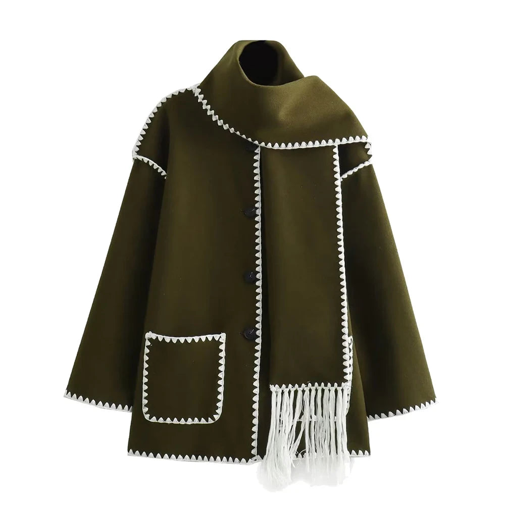 Jacket Women Coat Autumn Winter Tassel Scarf Collar Jackets Warm