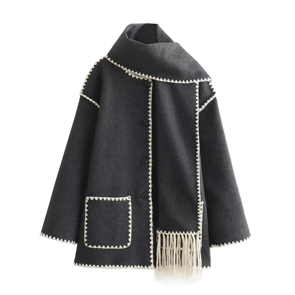 Jacket Women Coat Autumn Winter Tassel Scarf Collar Jackets Warm
