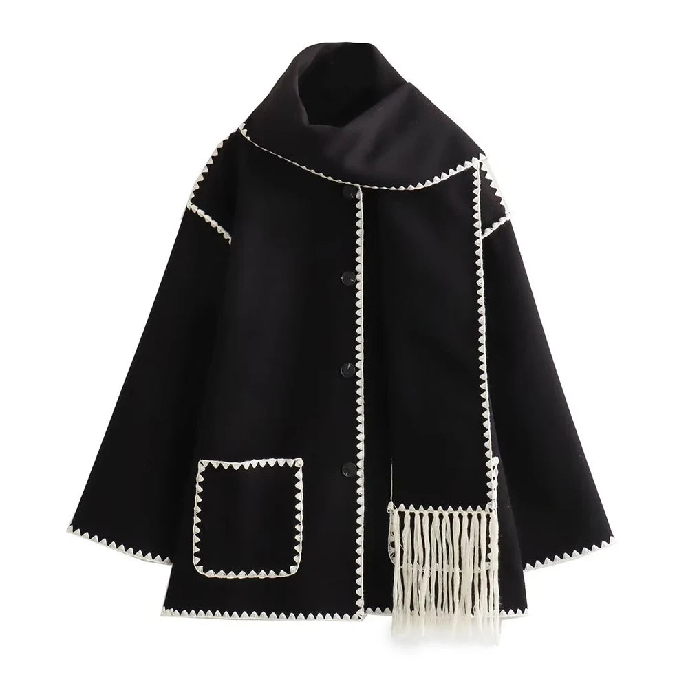 Jacket Women Coat Autumn Winter Tassel Scarf Collar Jackets Warm