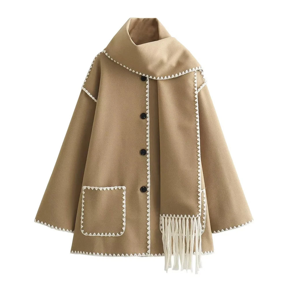 Jacket Women Coat Autumn Winter Tassel Scarf Collar Jackets Warm