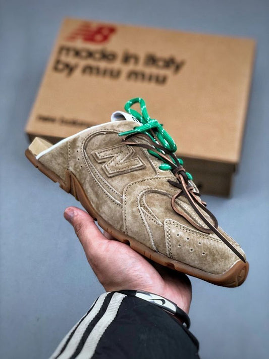 Miu Miu New Balance 530 SL Distressed Suede Slip-On Mule Camel Made in Italy 5S214D