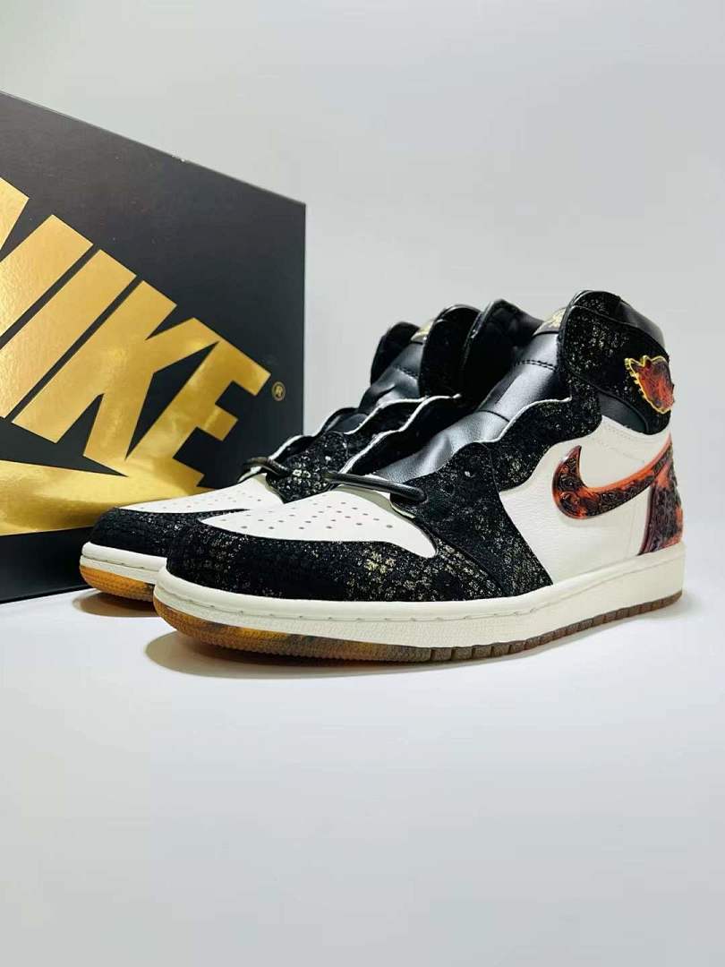 Nike Air Jordan 1 Retro High OG Black Gold Speckle White Red Orange Cracked Pattern Gum Sole High-Top Sneakers Shoes Men Women