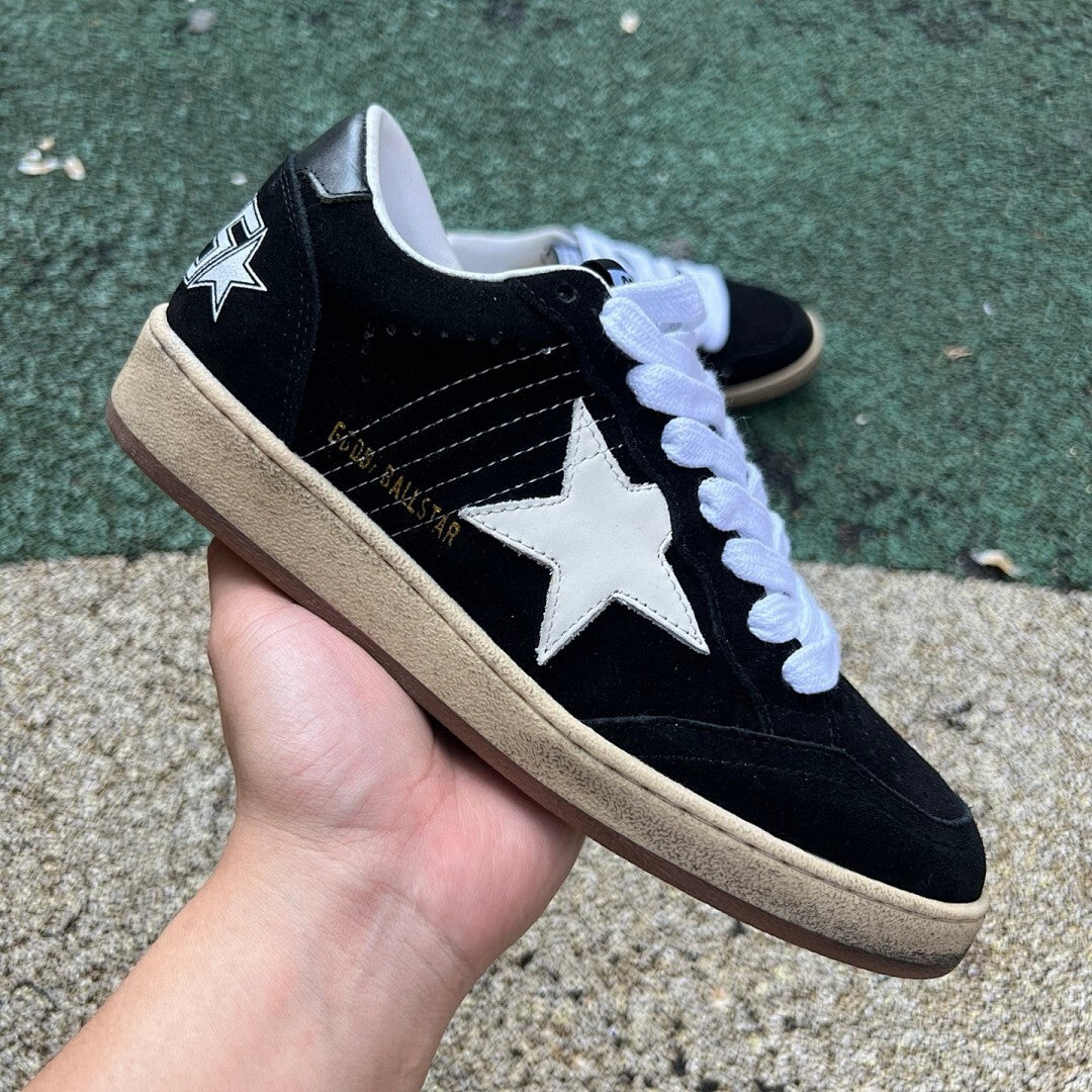 Golden Goose Ball Star Sneakers Black Suede White Star Distressed Sole 9 on Heel