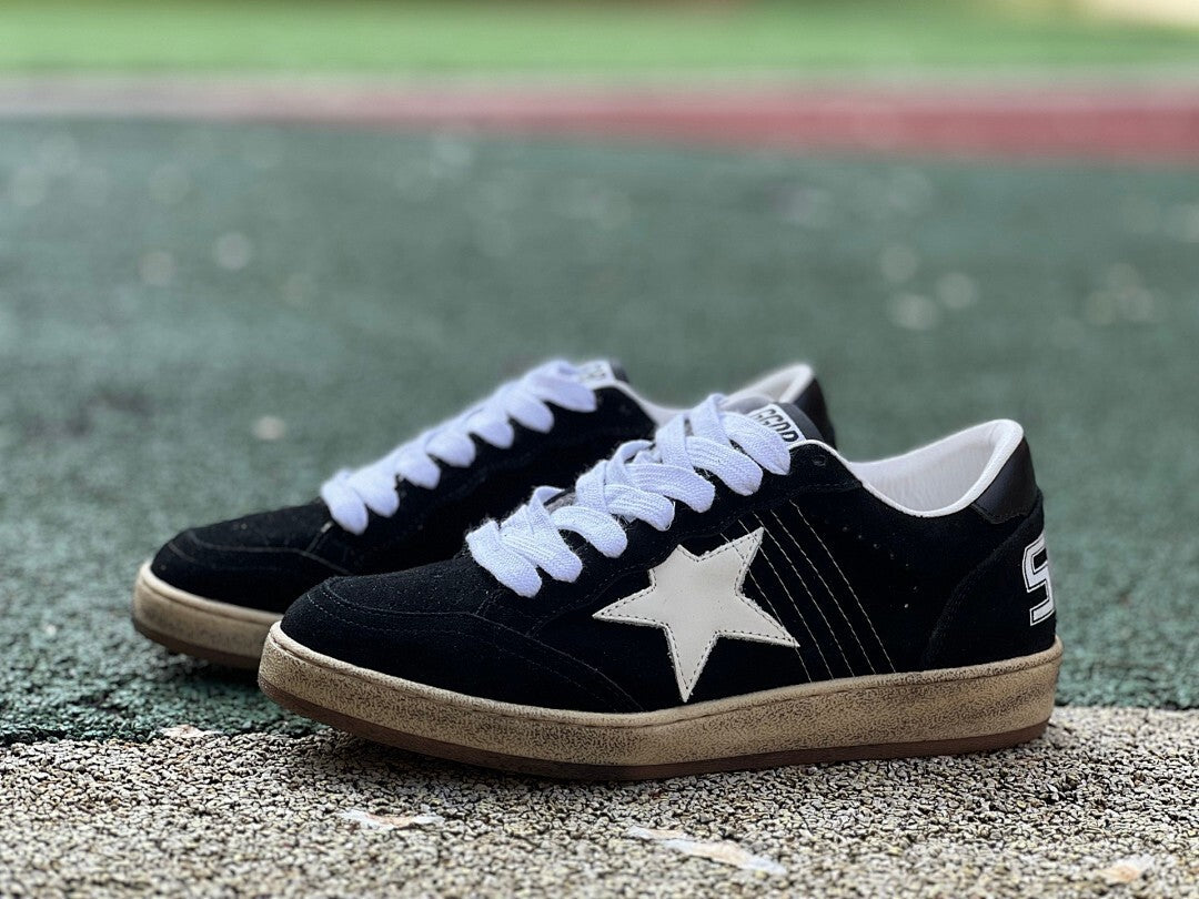 Golden Goose Ball Star Sneakers Black Suede White Star Distressed Sole 9 on Heel