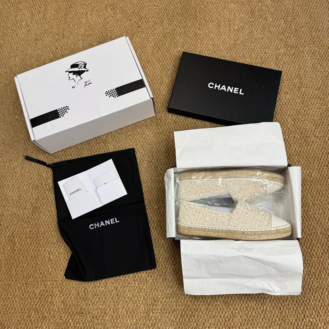Chanel CC Logo Ecru Tweed White Leather Cap Toe Espadrilles