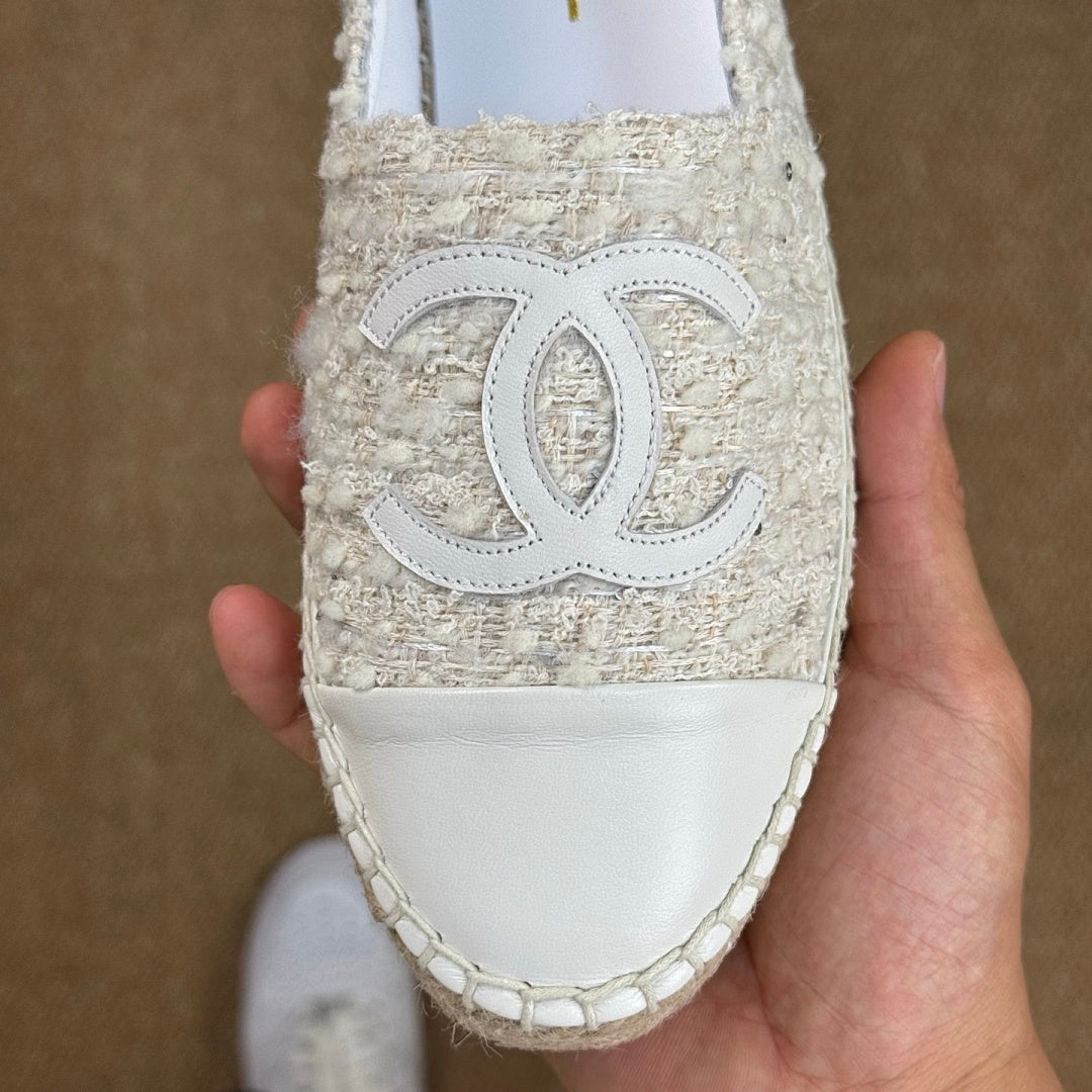 Chanel CC Logo Ecru Tweed White Leather Cap Toe Espadrilles