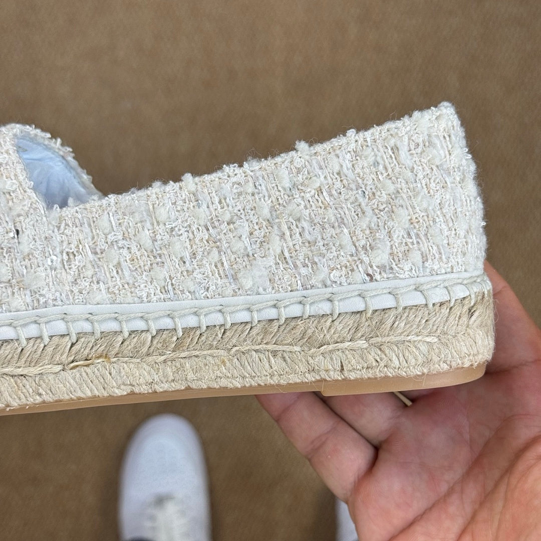 Chanel CC Logo Ecru Tweed White Leather Cap Toe Espadrilles