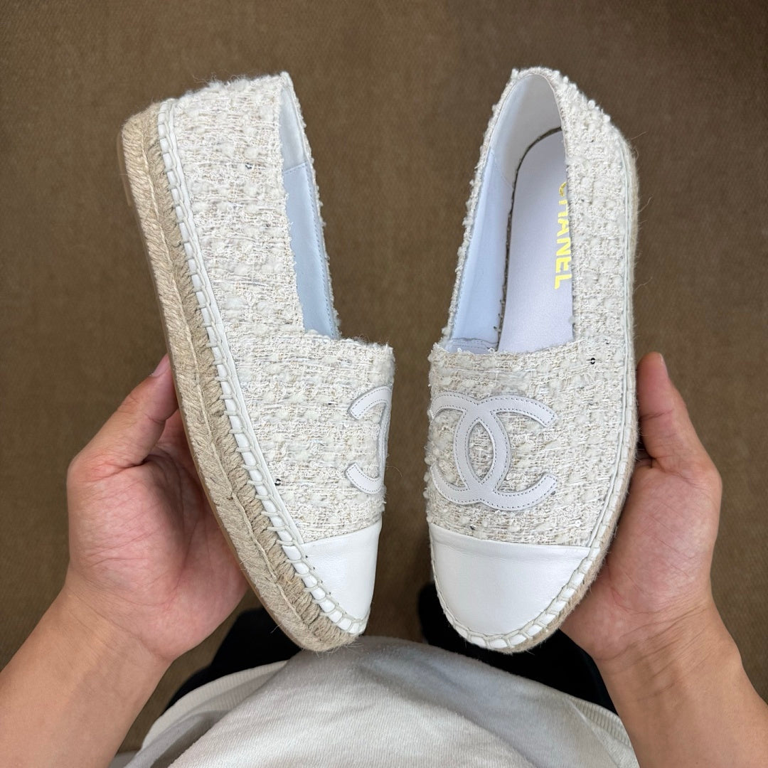 Chanel CC Logo Ecru Tweed White Leather Cap Toe Espadrilles