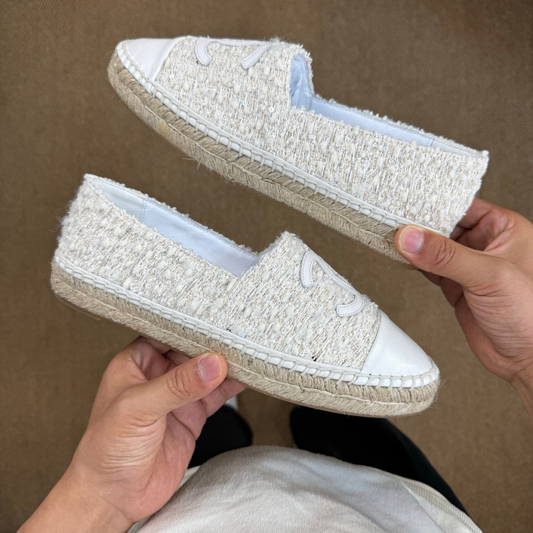 Chanel CC Logo Ecru Tweed White Leather Cap Toe Espadrilles