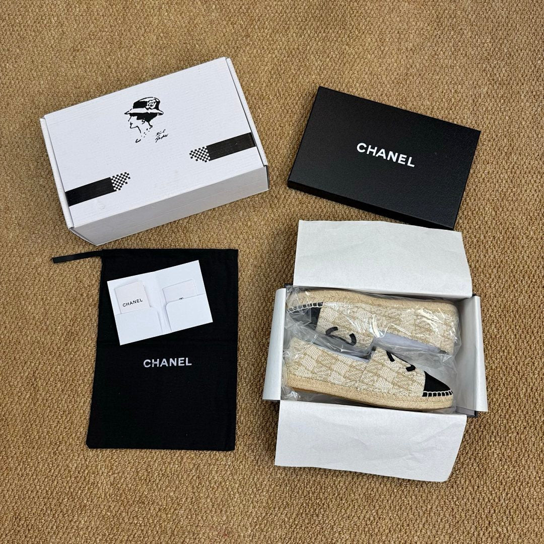 Chanel Espadrilles in Ecru Tweed with Black Cap Toe and CC Logo