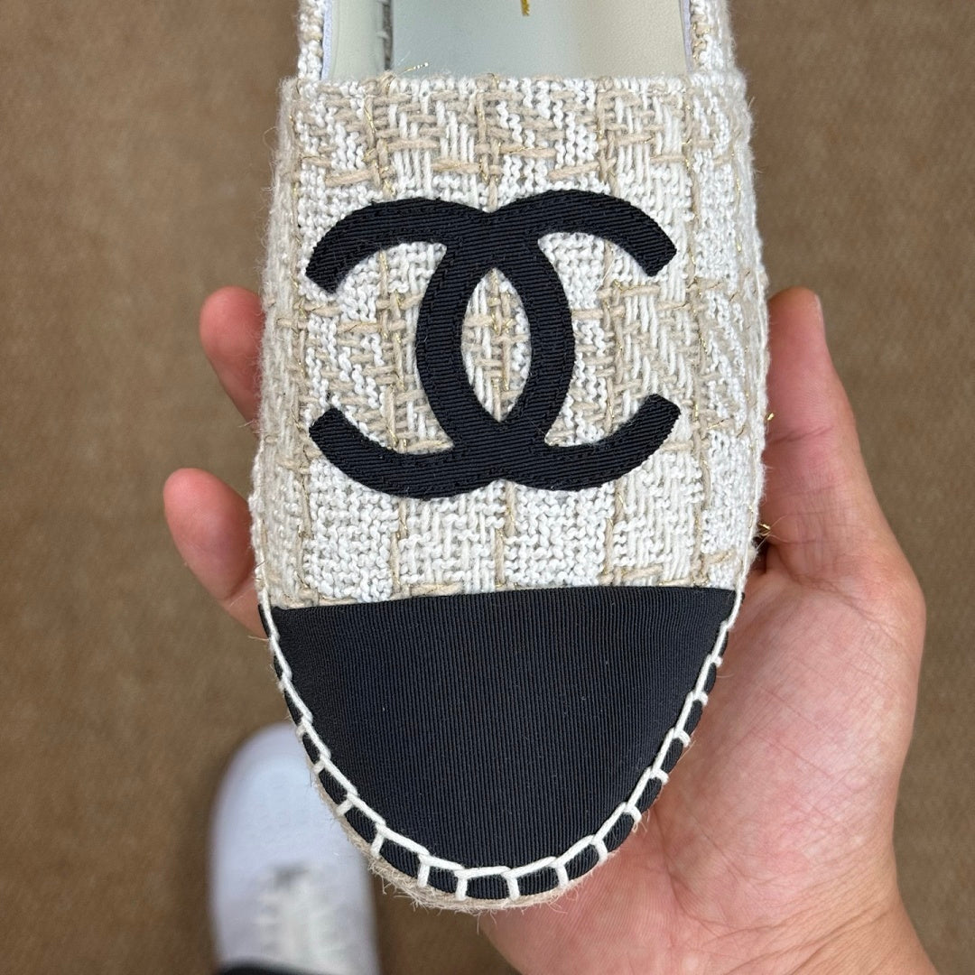Chanel Espadrilles in Ecru Tweed with Black Cap Toe and CC Logo