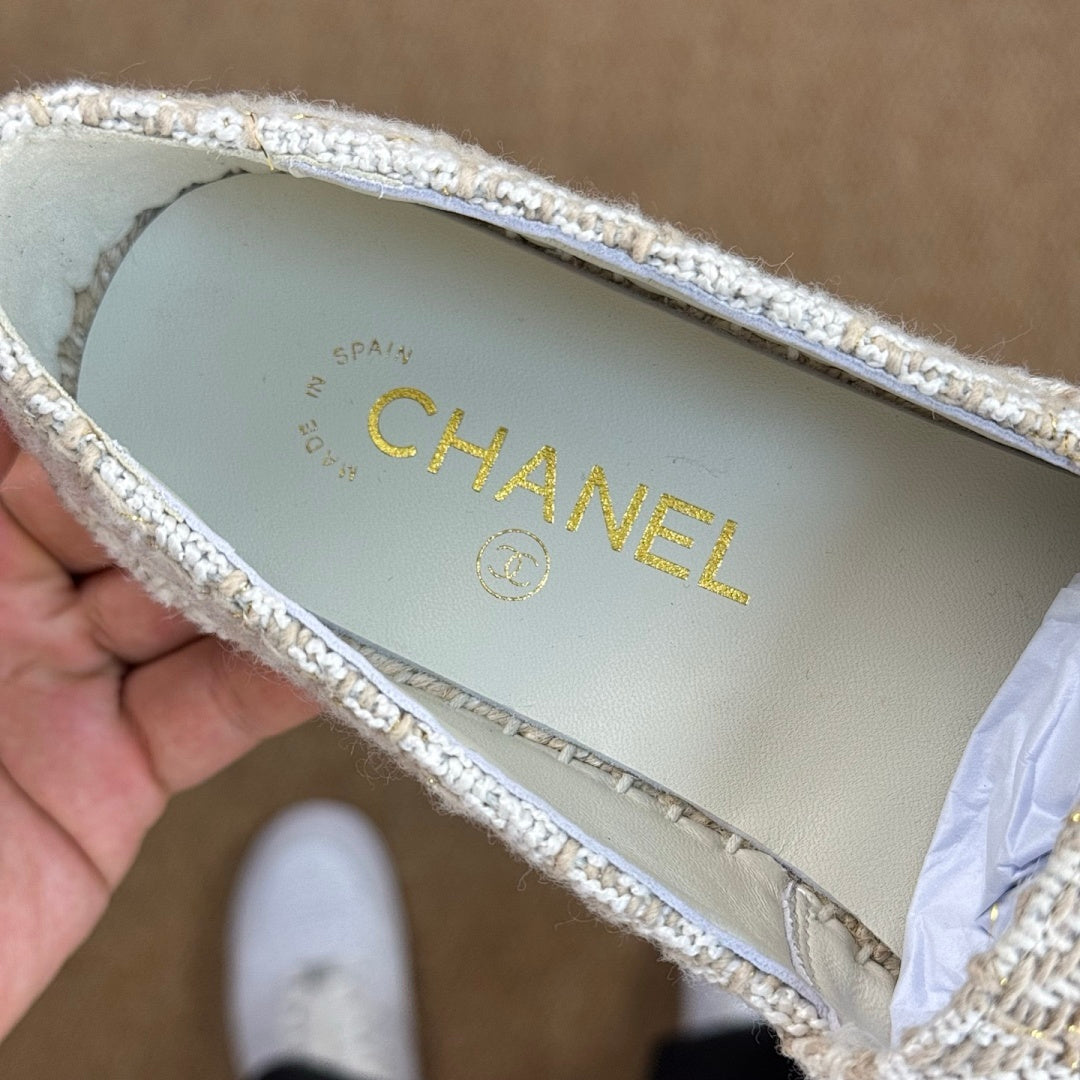 Chanel Espadrilles in Ecru Tweed with Black Cap Toe and CC Logo