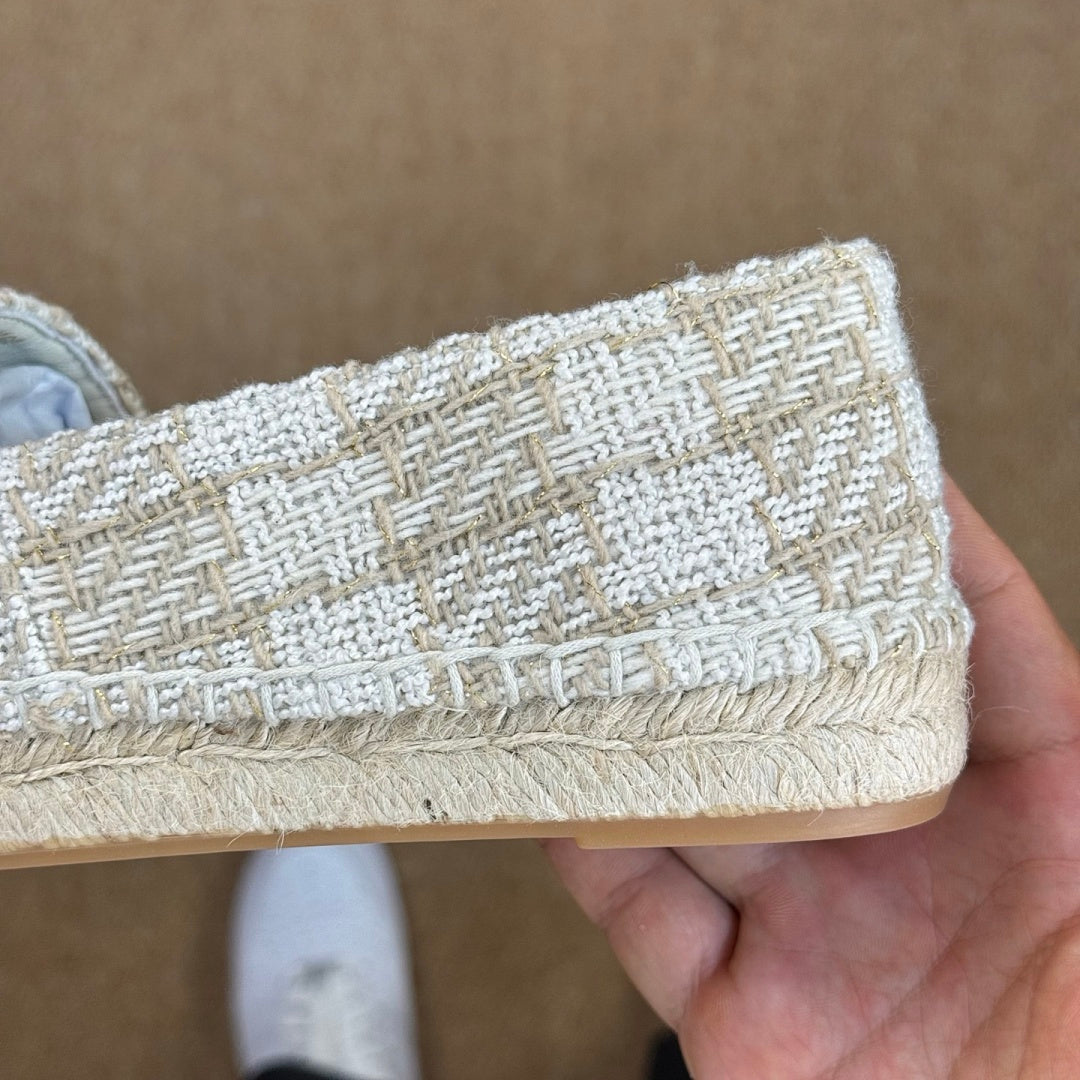 Chanel Espadrilles in Ecru Tweed with Black Cap Toe and CC Logo