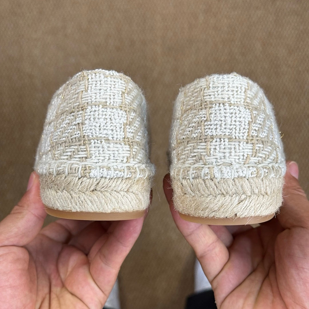 Chanel Espadrilles in Ecru Tweed with Black Cap Toe and CC Logo