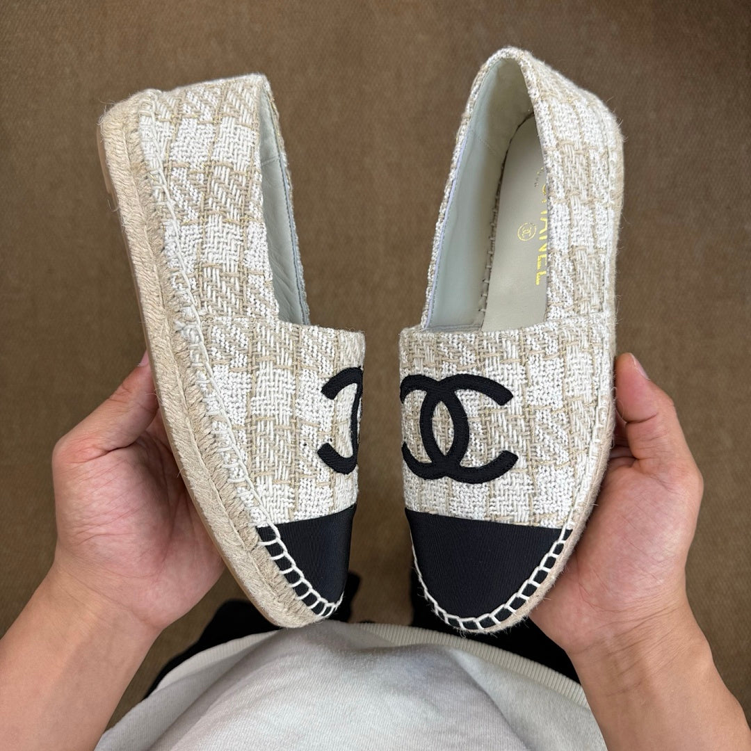 Chanel Espadrilles in Ecru Tweed with Black Cap Toe and CC Logo