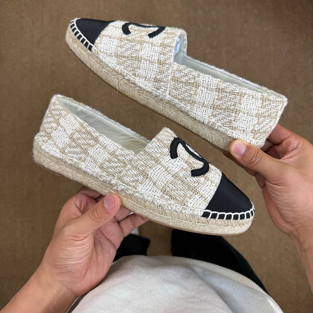 Chanel Espadrilles in Ecru Tweed with Black Cap Toe and CC Logo