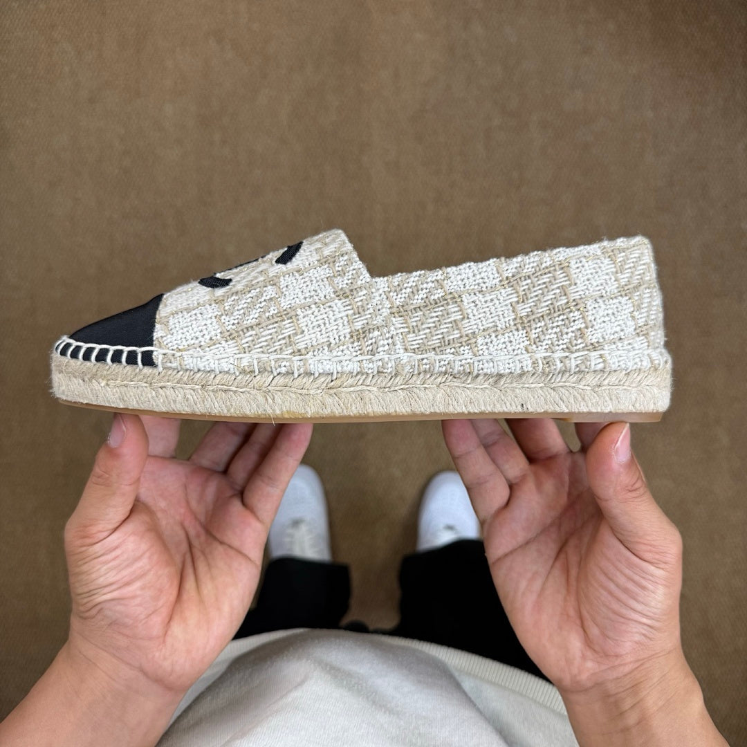 Chanel Espadrilles in Ecru Tweed with Black Cap Toe and CC Logo