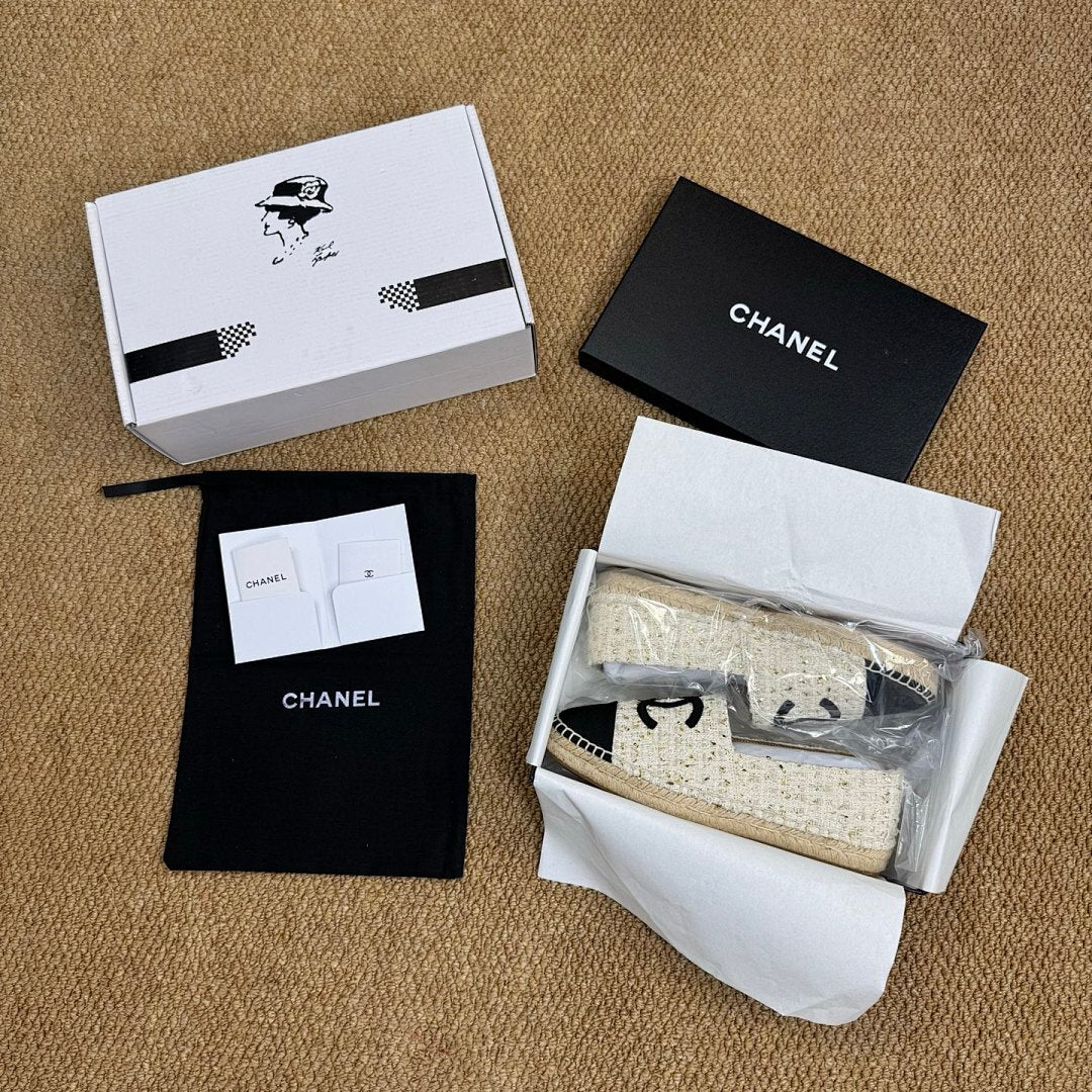 Chanel Ecru and Gold-Tone Tweed Espadrilles with Black Cap Toe and CC Logo