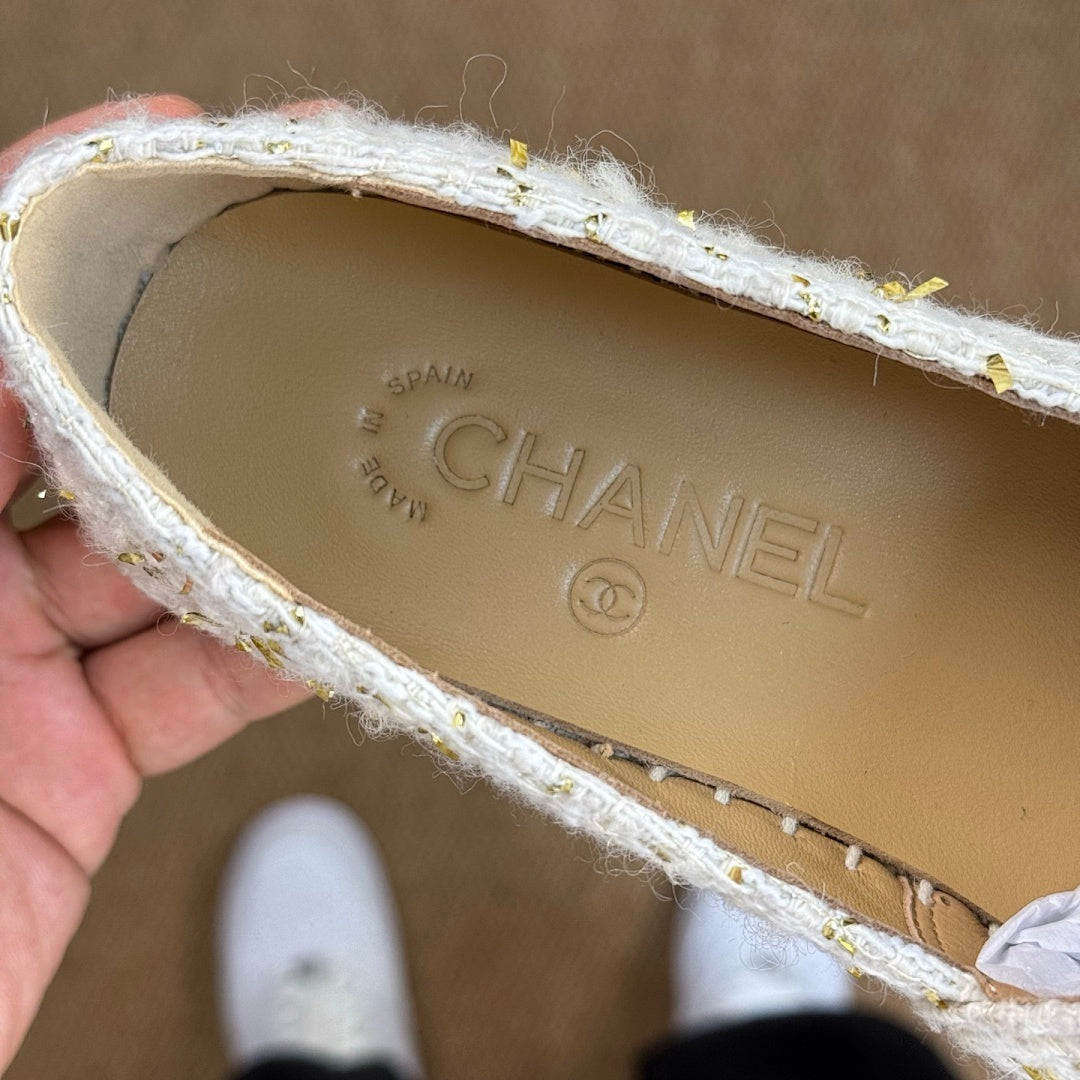 Chanel Ecru and Gold-Tone Tweed Espadrilles with Black Cap Toe and CC Logo