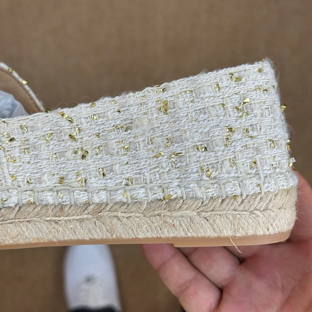 Chanel Ecru and Gold-Tone Tweed Espadrilles with Black Cap Toe and CC Logo