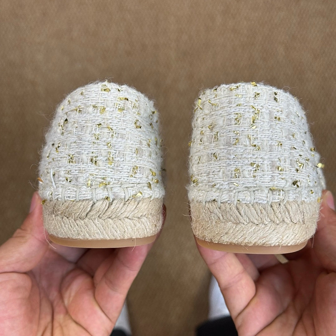 Chanel Ecru and Gold-Tone Tweed Espadrilles with Black Cap Toe and CC Logo