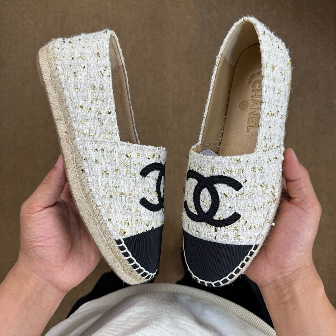 Chanel Ecru and Gold-Tone Tweed Espadrilles with Black Cap Toe and CC Logo