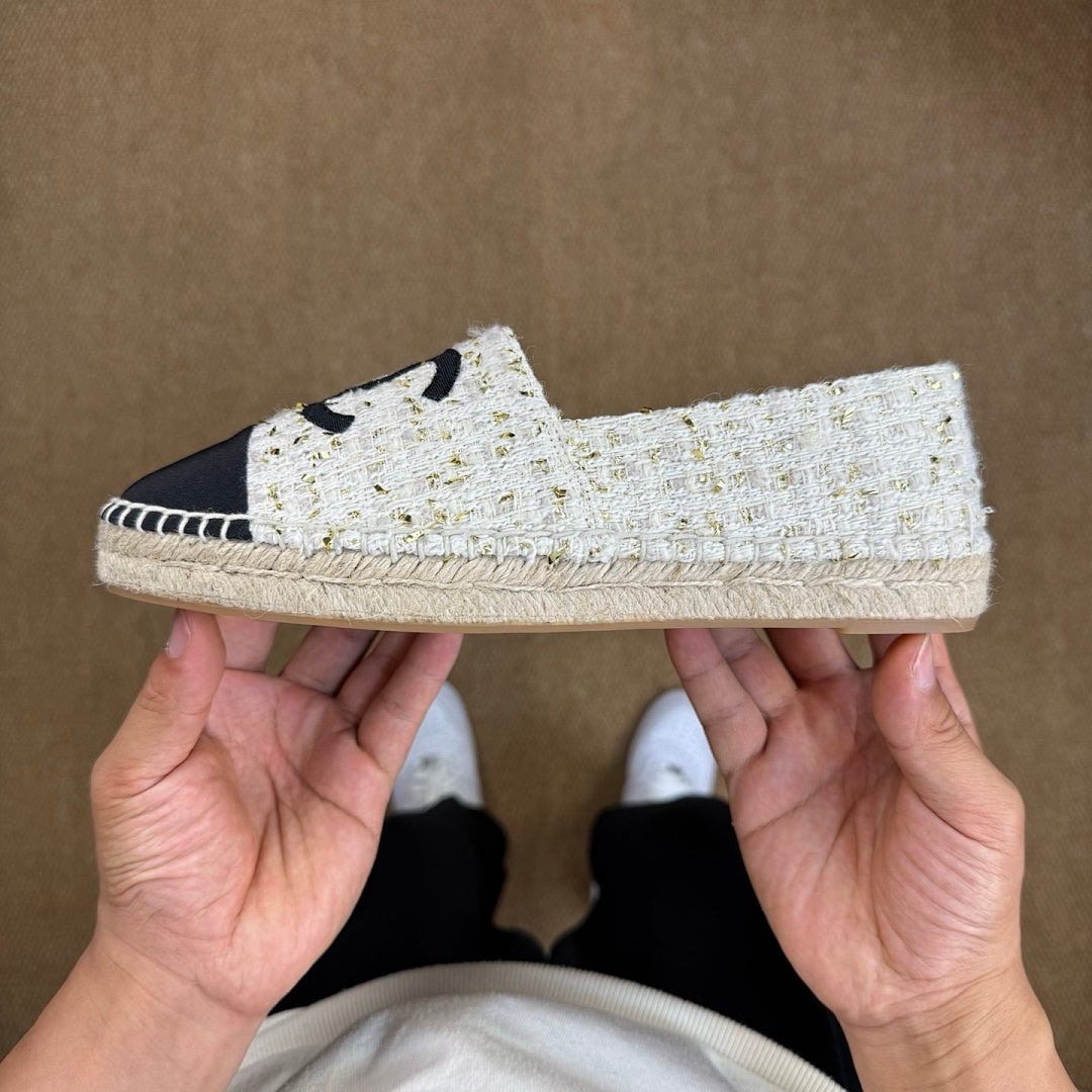 Chanel Ecru and Gold-Tone Tweed Espadrilles with Black Cap Toe and CC Logo