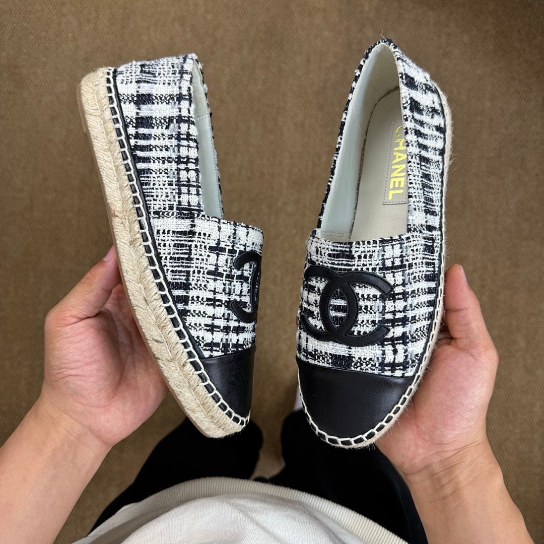 Chanel Black and White Tweed CC Logo Espadrilles with Black Lambskin Cap Toe