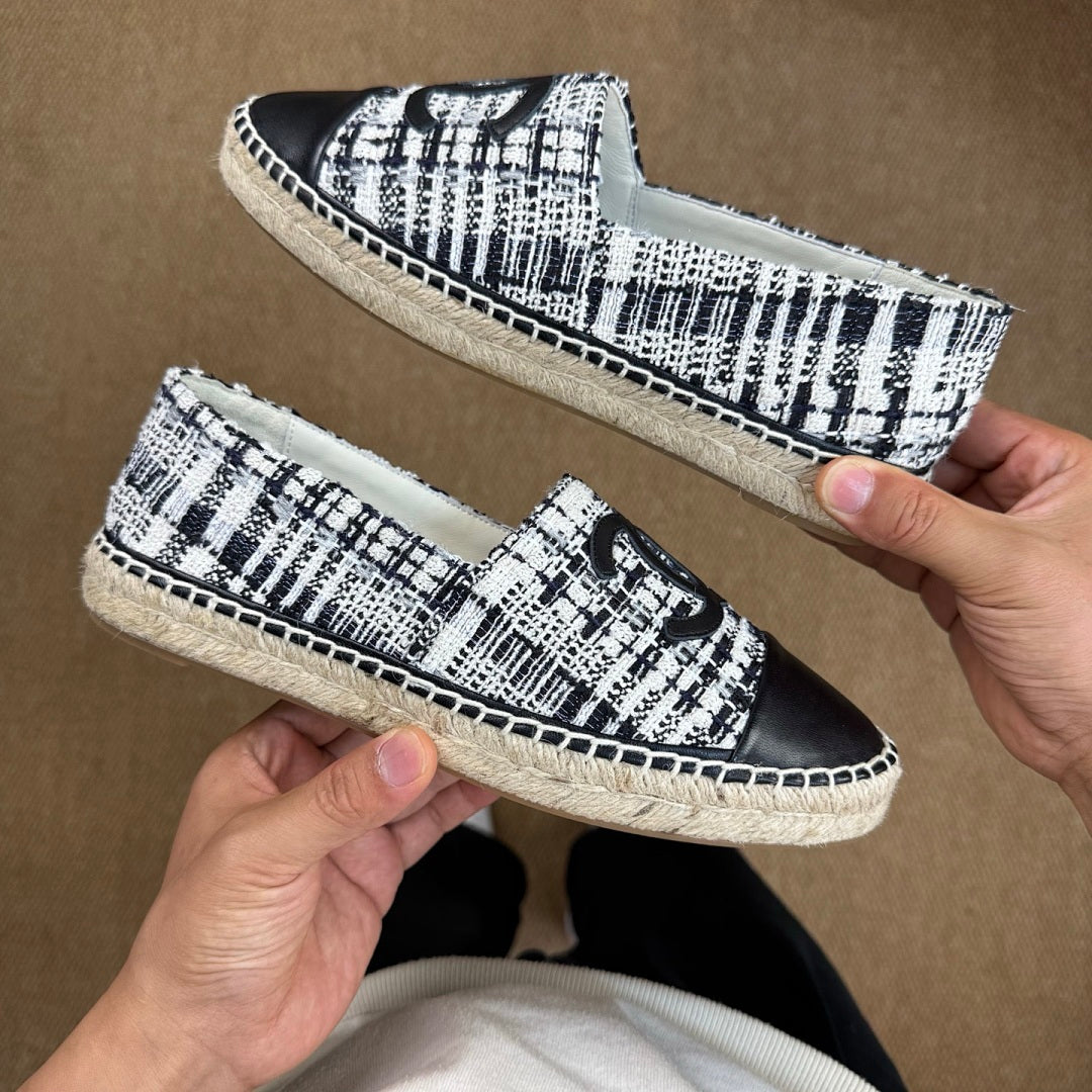 Chanel Black and White Tweed CC Logo Espadrilles with Black Lambskin Cap Toe
