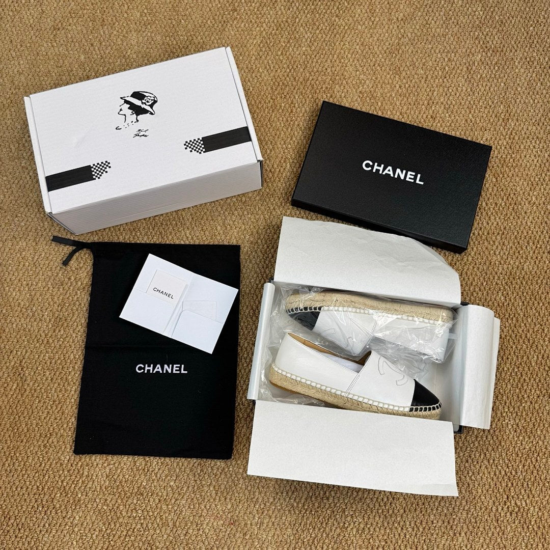 Chanel White Leather Black Cap Toe Espadrilles