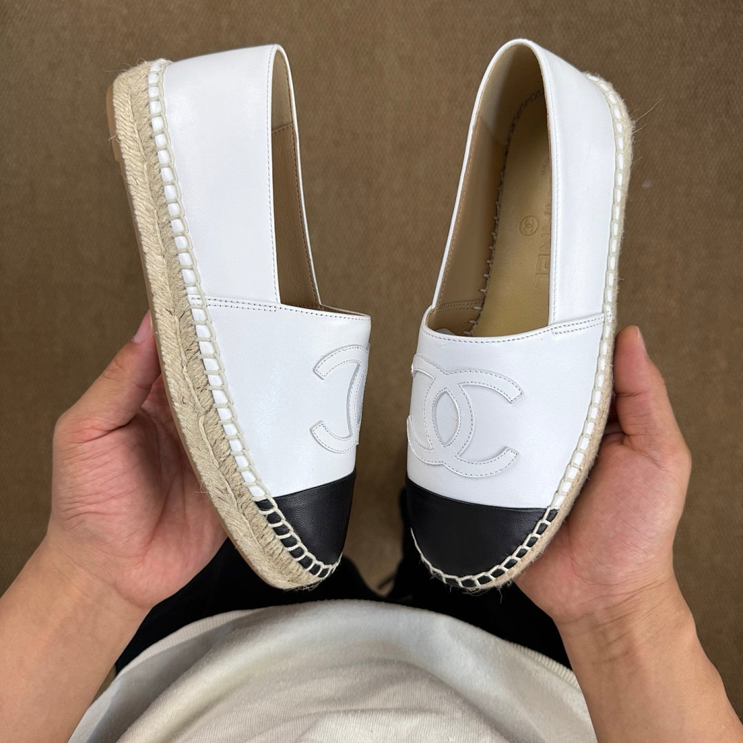 Chanel White Leather Black Cap Toe Espadrilles