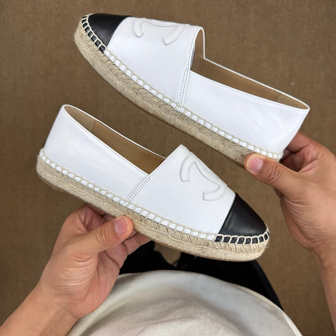 Chanel White Leather Black Cap Toe Espadrilles