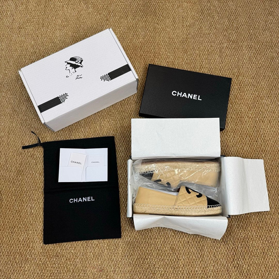 Chanel Beige Quilted Lambskin CC Espadrilles with Black Cap Toe