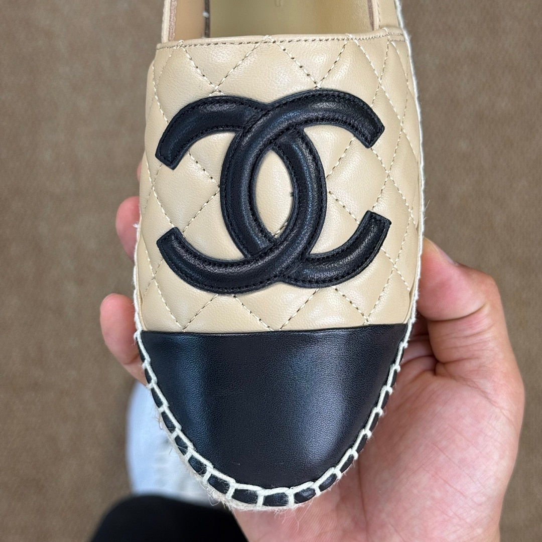 Chanel Beige Quilted Lambskin CC Espadrilles with Black Cap Toe
