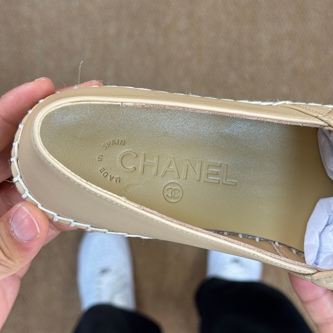 Chanel Beige Quilted Lambskin CC Espadrilles with Black Cap Toe