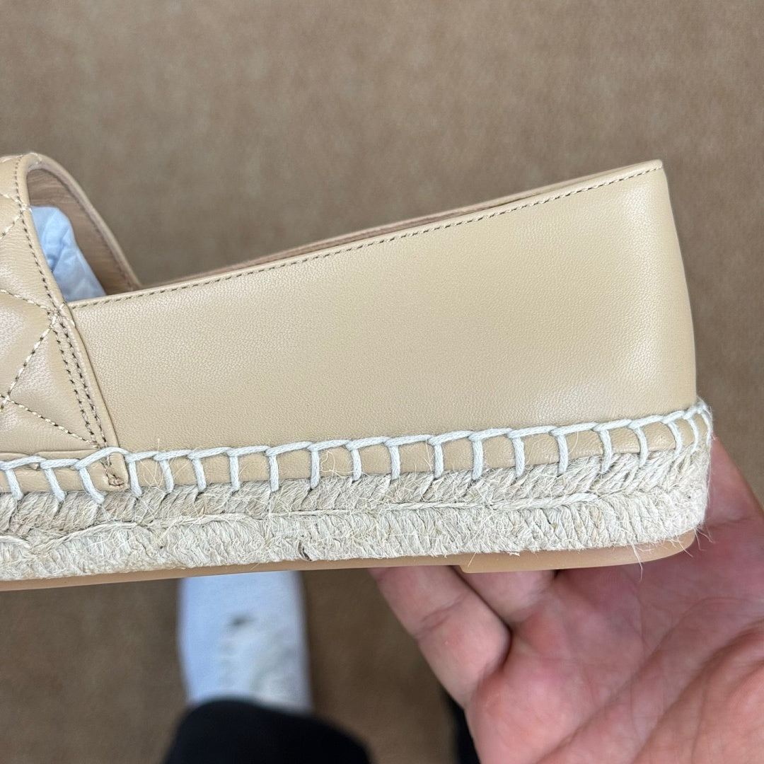 Chanel Beige Quilted Lambskin CC Espadrilles with Black Cap Toe