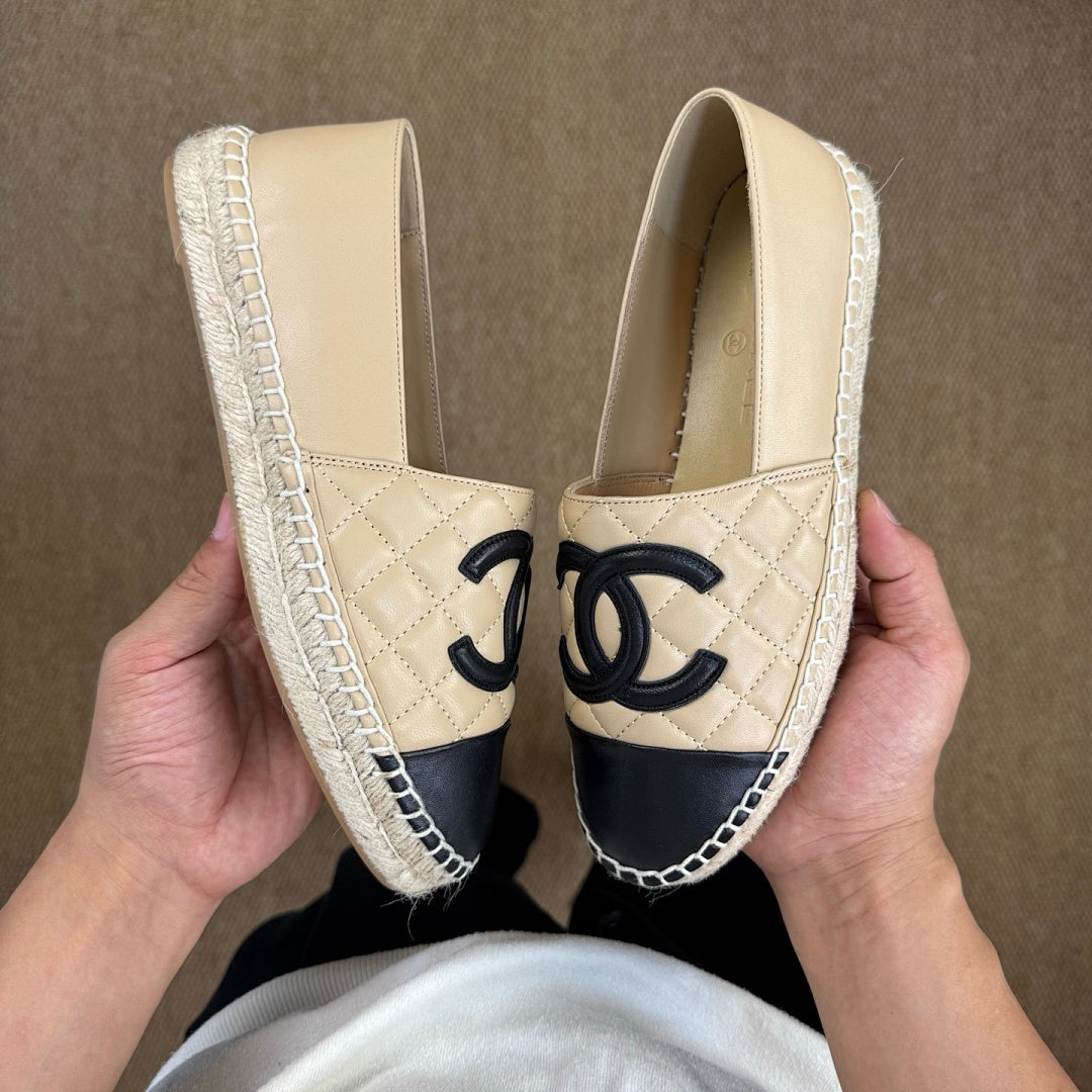 Chanel Beige Quilted Lambskin CC Espadrilles with Black Cap Toe