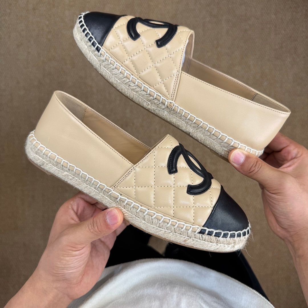 Chanel Beige Quilted Lambskin CC Espadrilles with Black Cap Toe