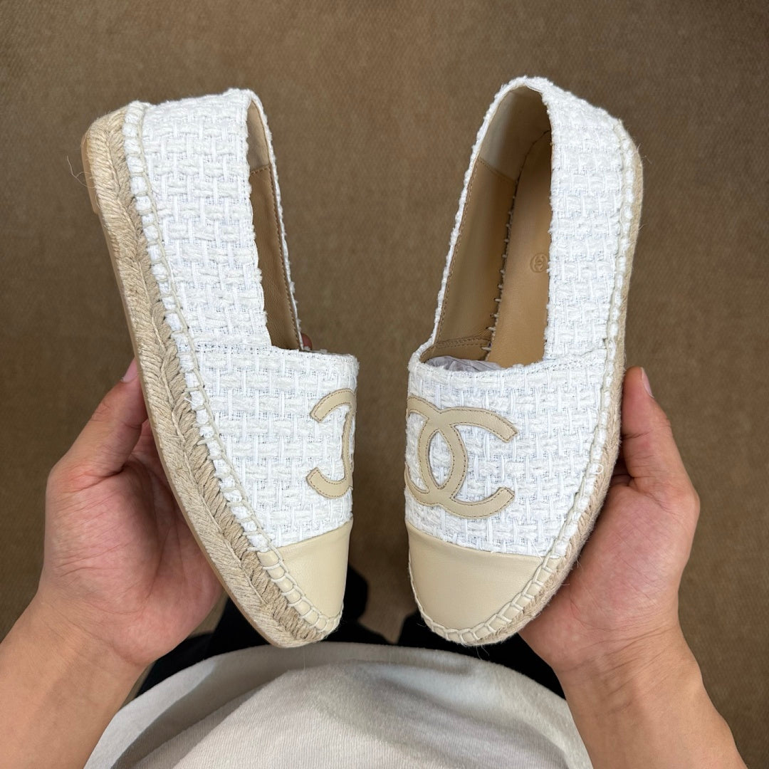 Chanel Espadrilles White Tweed & Beige Lambskin Cap Toe
