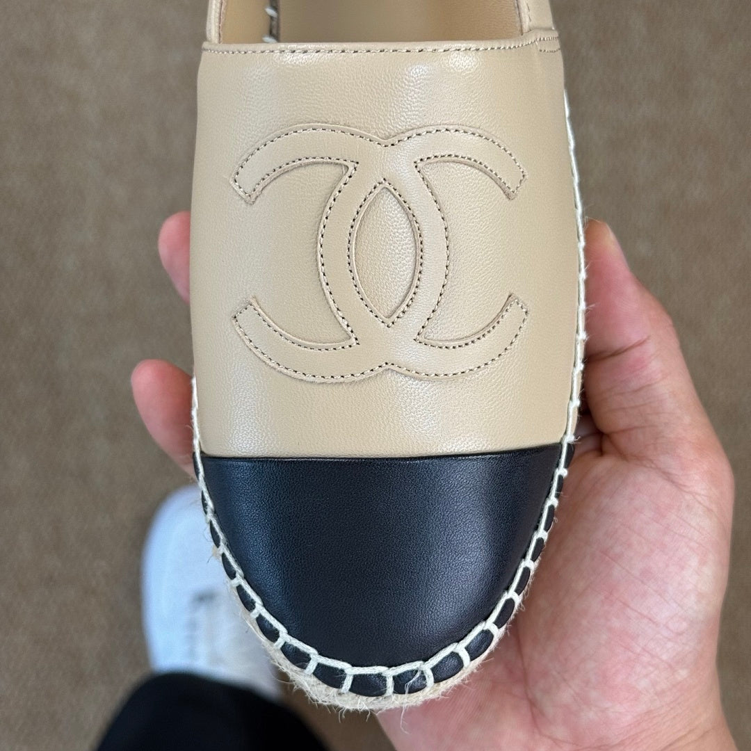 Chanel Espadrille Flats in Beige Leather with Black Cap-Toe