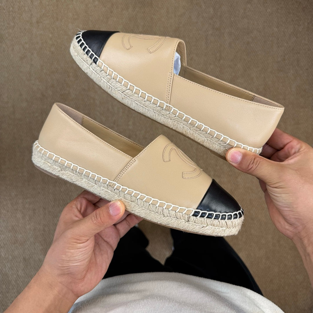 Chanel Espadrille Flats in Beige Leather with Black Cap-Toe
